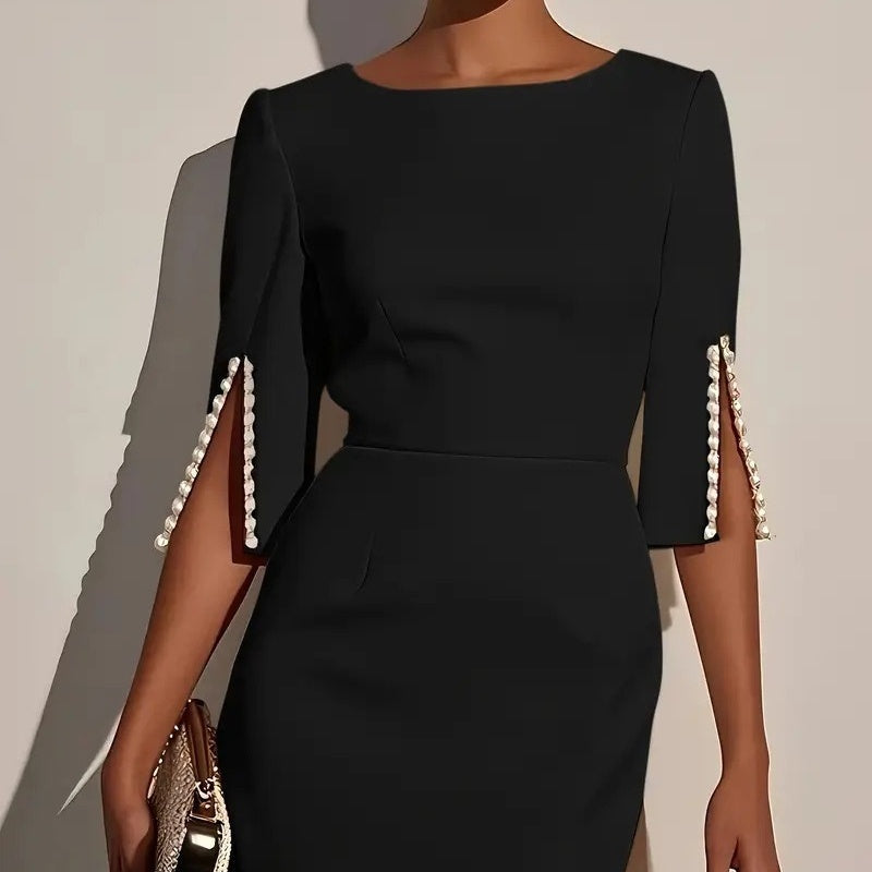 Abito midi tubino donna chic, maniche spaccate, un must-have per la moda autunnale e gli eventi.