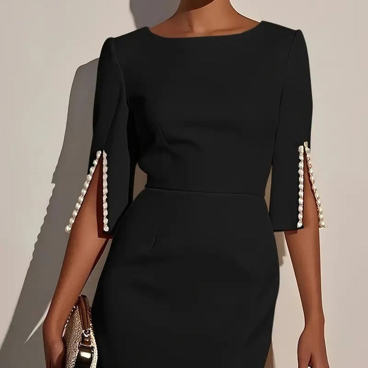 Abito midi tubino donna chic, maniche spaccate, un must-have per la moda autunnale e gli eventi.
