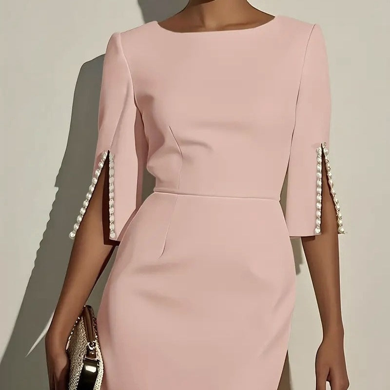 Vestito elegante tubino midi donna, maniche spaccate, capo essenziale per cerimonie e feste.