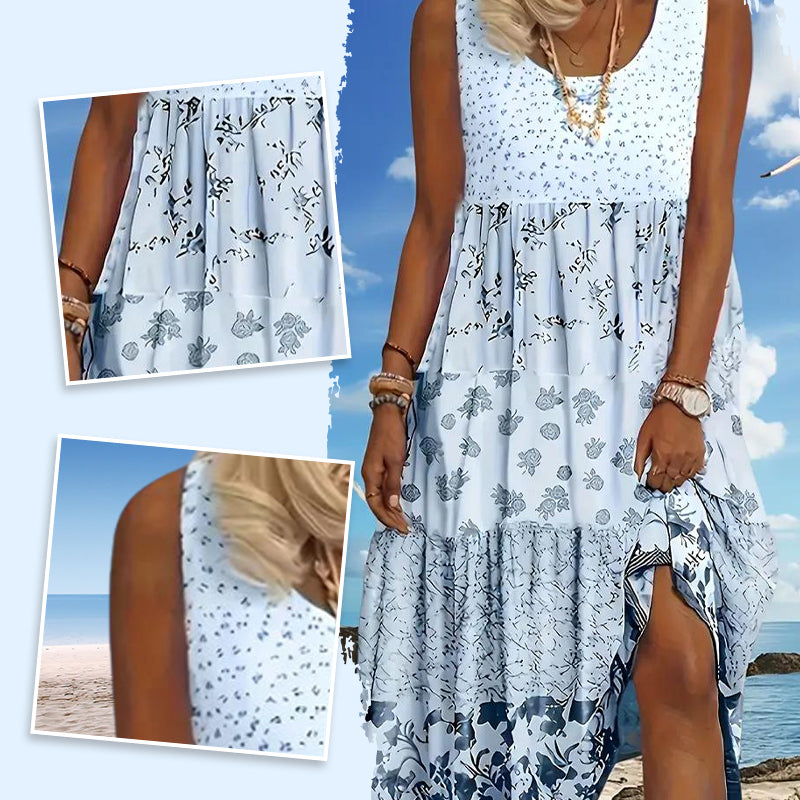 Abito floreale estivo da donna stile bohemien, senza maniche, perfetto per un look casual in vacanza.