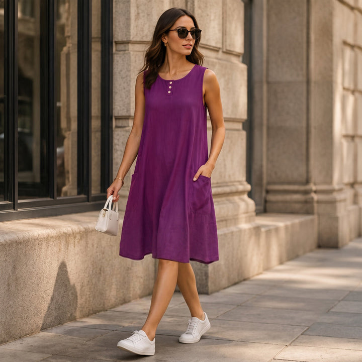 Abito donna estivo, vestito senza maniche in cotone lino per un look casual chic. Comodo e traspirante.