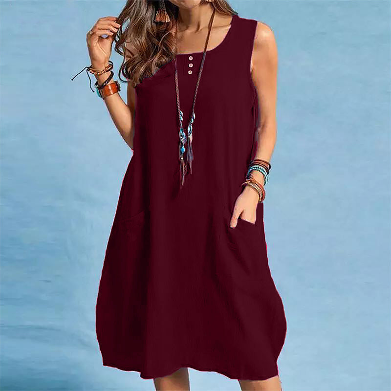 Retro abito donna estivo in cotone lino, linea semplice senza maniche. Fresco e comodo per ogni occasione.