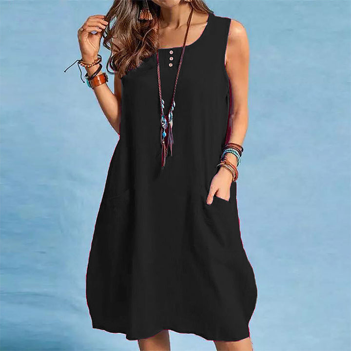 Vestito estivo donna in cotone lino, stile casual chic con tasche. Perfetto per l'estate, fresco e confortevole.