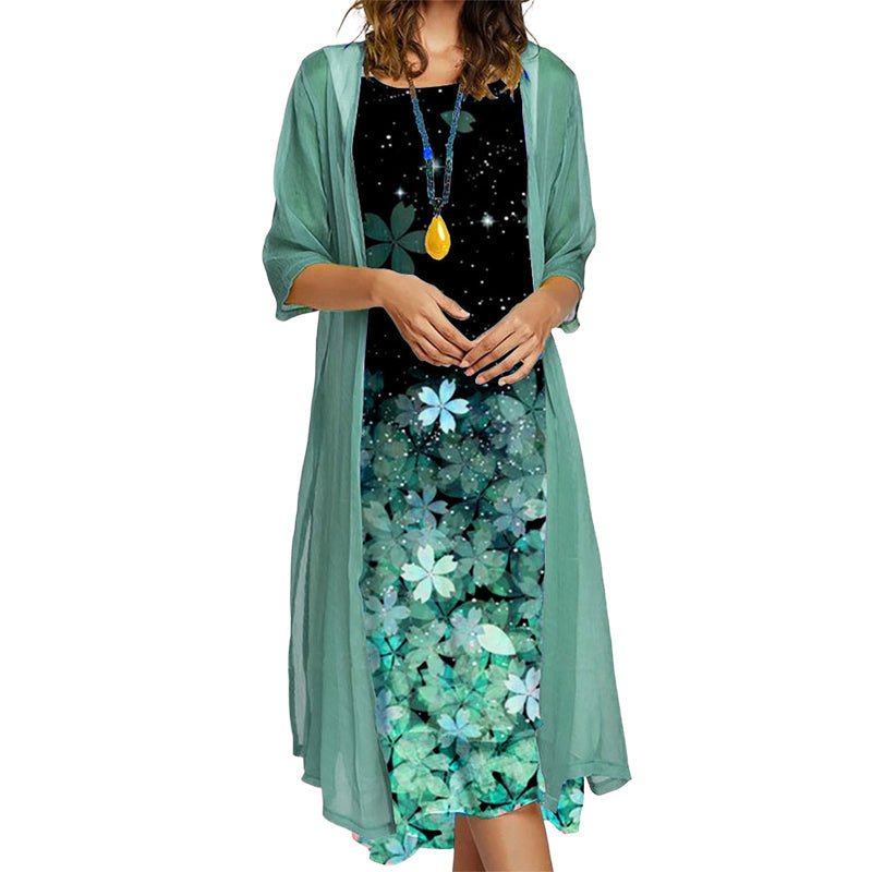 Outfit completo donna due pezzi versatile: abito midi floreale e giacca per look eleganti o casual estivi.