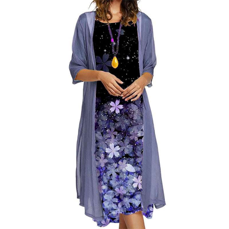 Completo donna elegante due pezzi con abito floreale midi e giacca, per un look fresco e alla moda.