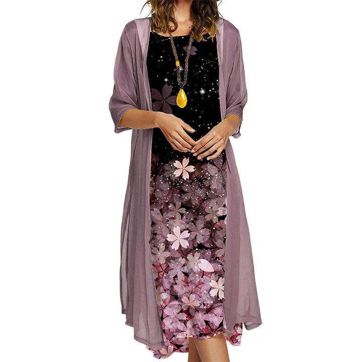 Completo donna due pezzi elegante: abito floreale midi e giacca leggera. Perfetto per primavera/estate.