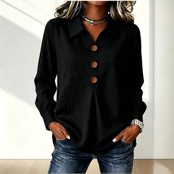 Moda donna: blusa casual versatile, colletto classico e bottoni. Ideale per primavera e autunno.