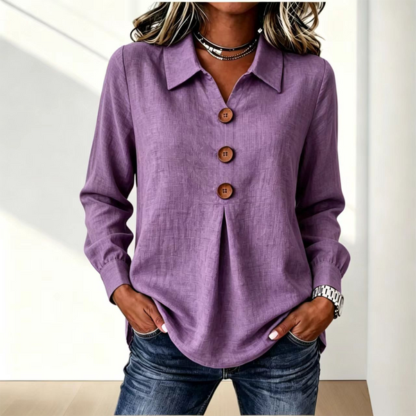 Blusa donna a maniche lunghe, design classico con colletto e bottoni, per autunno/primavera.
