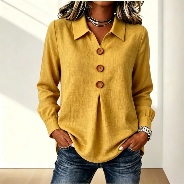 Blusa elegante donna con colletto e bottoni, ideale per un look sofisticato in ufficio o tempo libero.