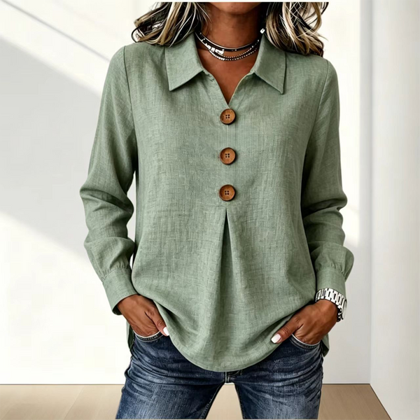 Blusa donna versatile per primavera/autunno, con maniche lunghe e colletto classico. Un must-have.