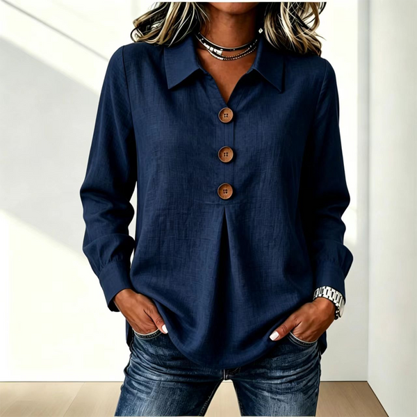 Blusa donna comfort con maniche lunghe, colletto classico e bottoni. Ideale per ogni stagione.
