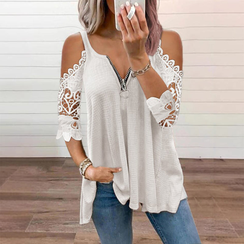 Blusa donna estiva casual chic con pizzo e spalle scoperte, ideale per primavera ed estate.
