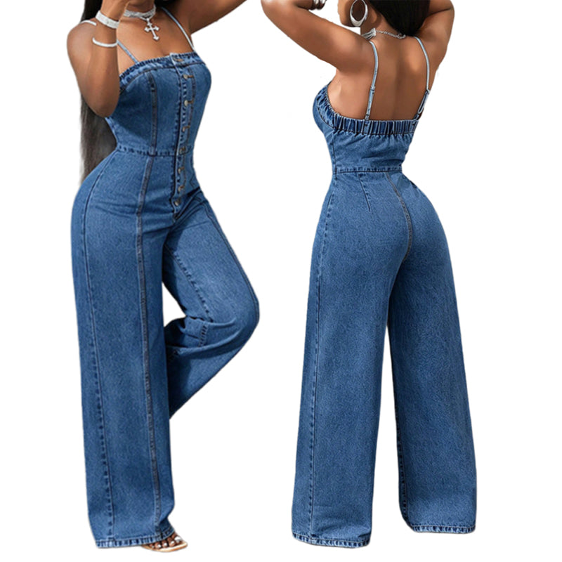 Jumpsuit denim blu da donna, modello estivo casual-elegante con vita alta e spalline sottili.