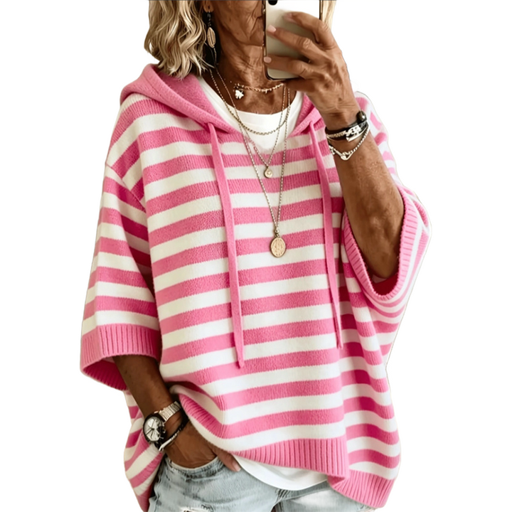 Felpa donna casual a righe orizzontali con cappuccio, perfetta per autunno e inverno.