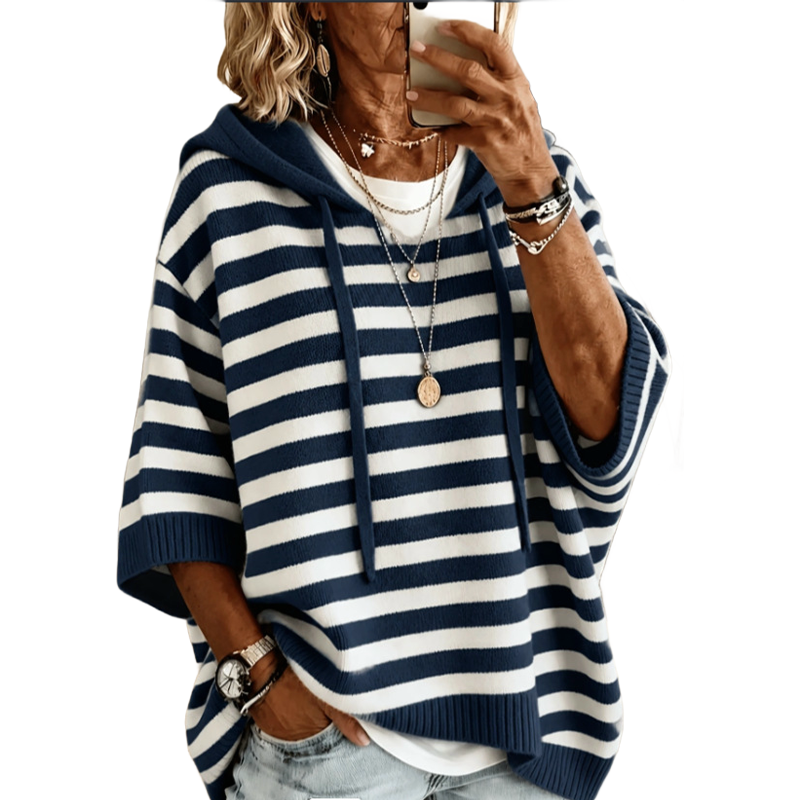 Felpa casual da donna a righe marine, con cappuccio regolabile, comfort e stile per ogni giorno.