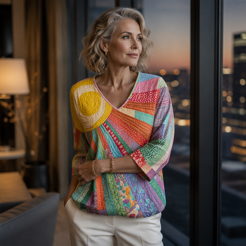 Blusa donna patchwork colorata, scollo a V, maniche tre quarti. Stile retrò per abbigliamento casual chic.