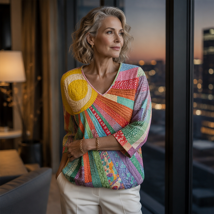 Blusa donna patchwork colorata, scollo a V, maniche tre quarti. Stile retrò per abbigliamento casual chic.