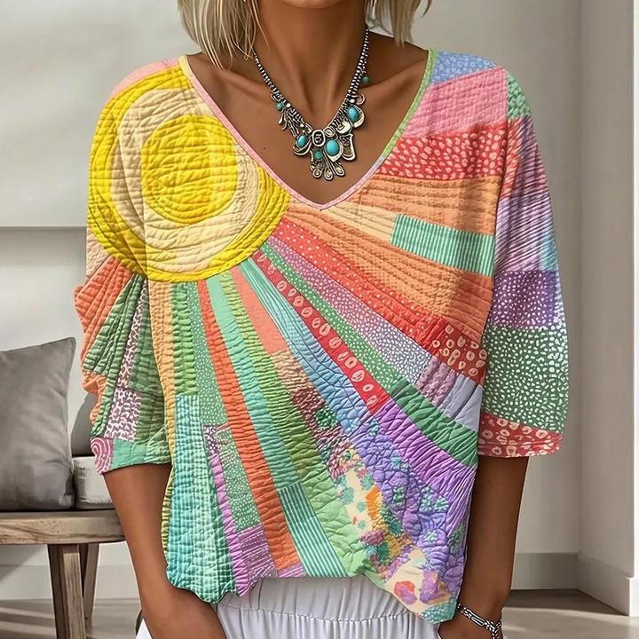Nuovi arrivi: blusa donna patchwork retrò con scollo a V e maniche tre quarti. Abbigliamento femminile.