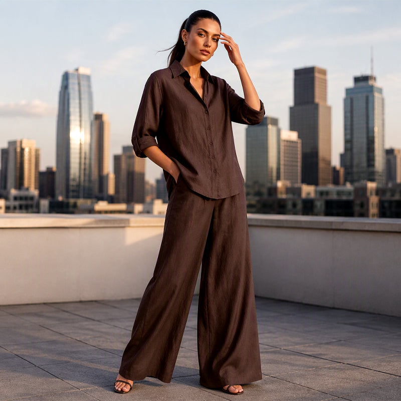 Abbigliamento femminile comodo ed elegante: completo con camicia e pantaloni fluidi, versatile.