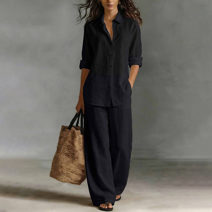 Outfit femminile versatile, camicia elegante e pantaloni larghi per comfort quotidiano e stile.