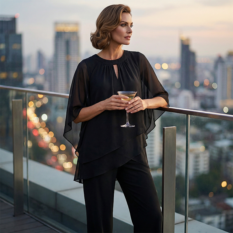 Completo donna con vestibilità fluida, blusa asimmetrica e pantaloni ampi. Ideale per abbigliamento elegante.