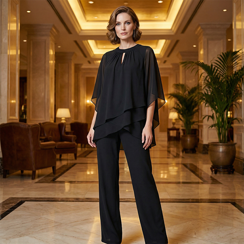 Completo sera donna elegante: blusa asimmetrica e pantaloni ampi. Perfetto per serate speciali e moda femminile.