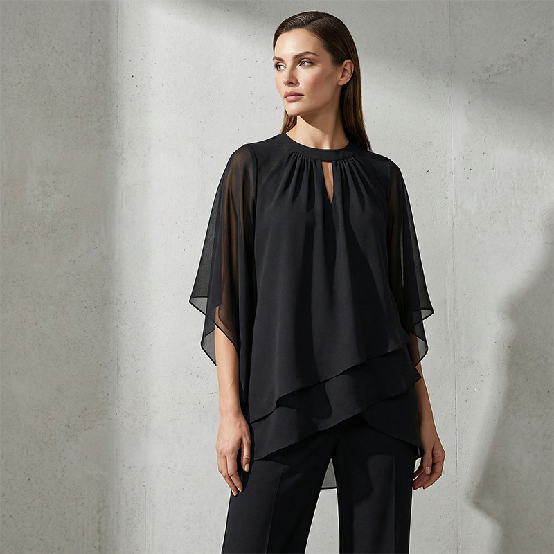 Completo donna elegante asimmetrico, pantaloni ampi. Outfit cerimonia, abbigliamento chic, moda femminile.