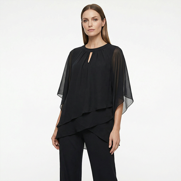 Completo donna asimmetrico elegante con pantaloni ampi. Perfetto per eventi speciali e cerimonie.