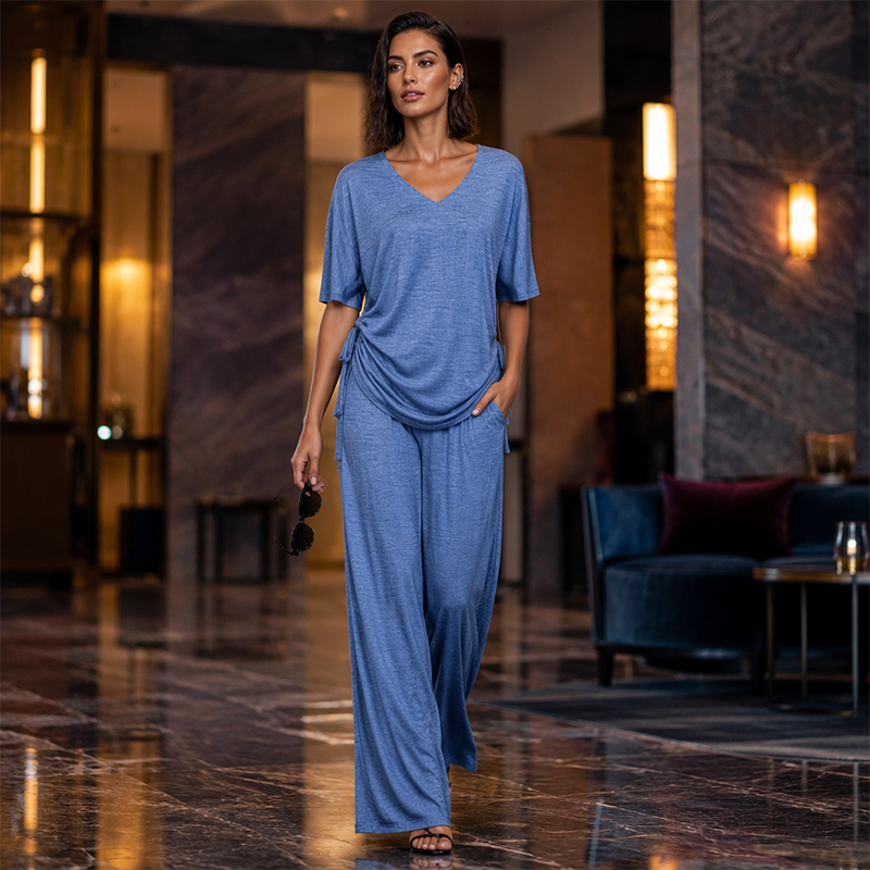 Completo donna fluido e sofisticato: top regolabile e pantaloni larghi per un abbigliamento estivo senza sforzo.