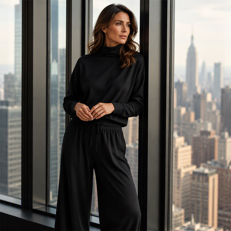 Completo donna chic per giorno e sera, con top collo alto e pantaloni ampi, versatile e moderno.