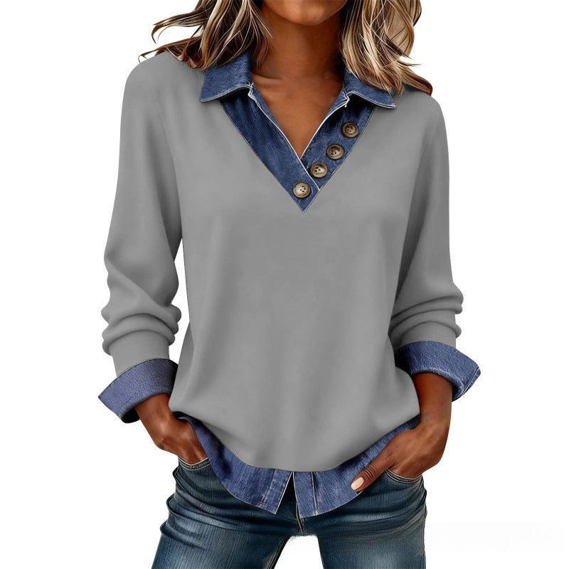 Camicia donna casual a strati, con colletto distintivo a contrasto, ideale per abbigliamento versatile.