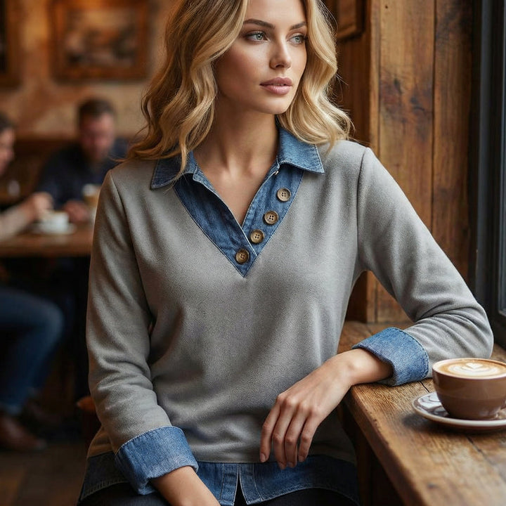 Camicia casual a strati da donna, con colletto a contrasto. Ideale come top maniche lunghe per outfit quotidiani.