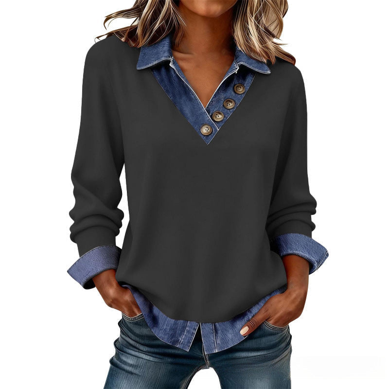 Camicia a strati donna, un capo di moda chic per un look casual e contemporaneo, con colletto a contrasto.