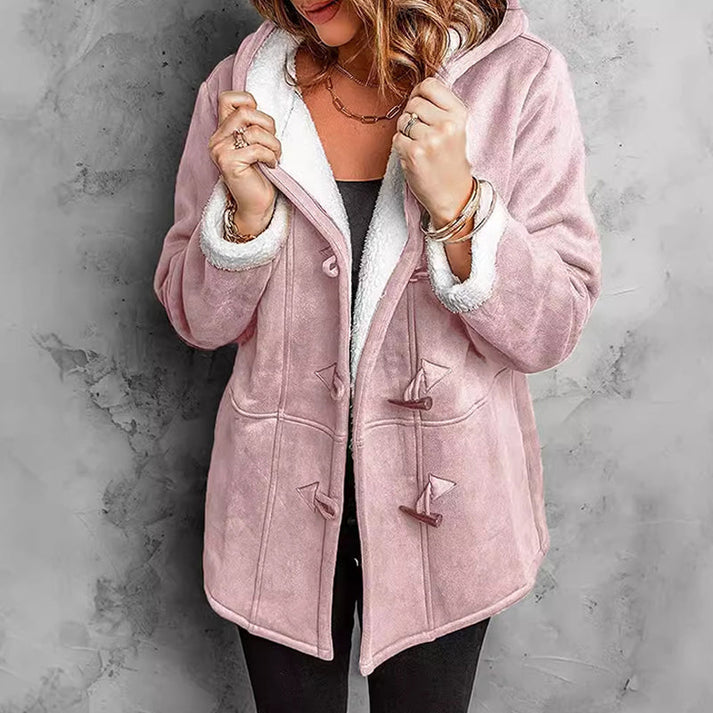 Cappotto donna invernale con cappuccio, morbido e caldo, perfetto per moda casual autunnale/invernale.