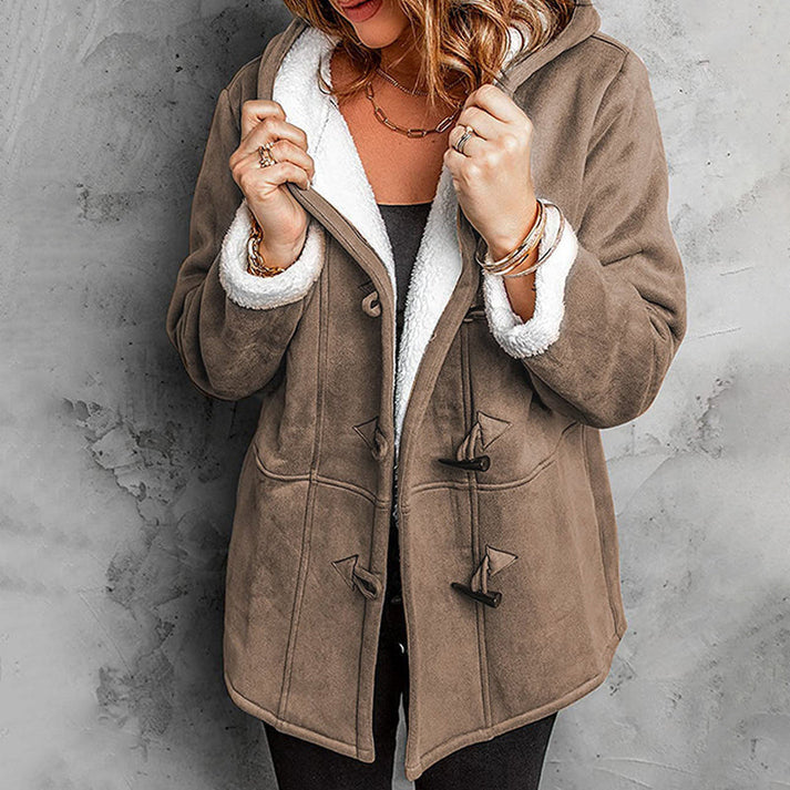 Moda invernale: cappotto da donna con cappuccio, caldo, morbido e confortevole, disponibile in vari colori.