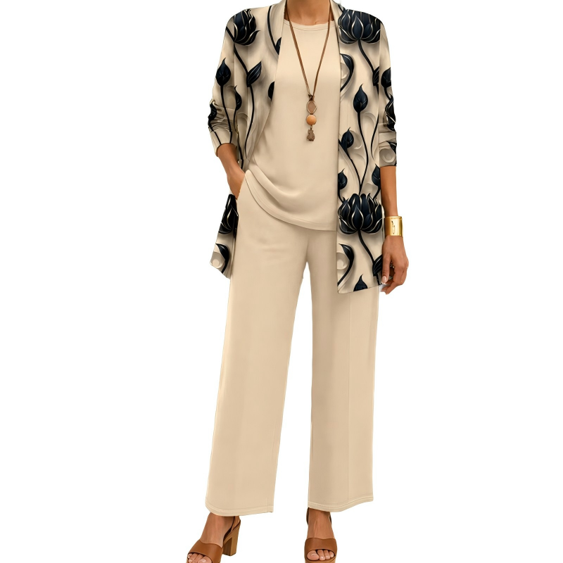 Completo donna elegante tre pezzi con cardigan lungo stampato. Perfetto per ogni occasione, comodo e chic.