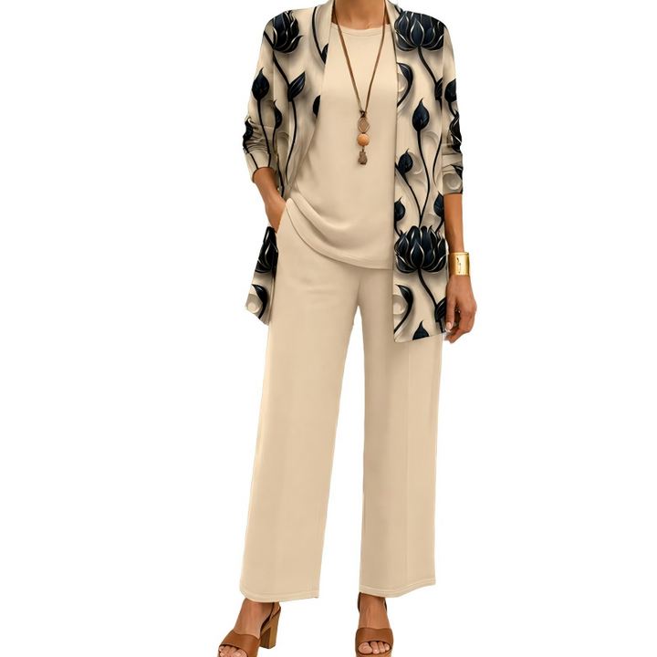 Completo donna elegante tre pezzi con cardigan lungo stampato. Perfetto per ogni occasione, comodo e chic.