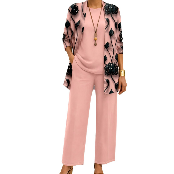 Coordinato donna 3 pezzi: cardigan lungo stampato, top versatile e pantaloni fluidi. Ideale per look quotidiani.