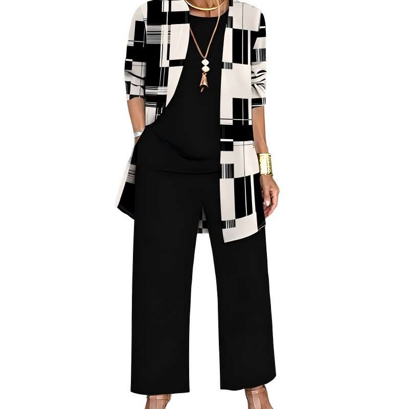 Outfit donna elegante-casual tre pezzi: cardigan lungo, top e pantaloni versatili. Dal giorno alla sera con stile.