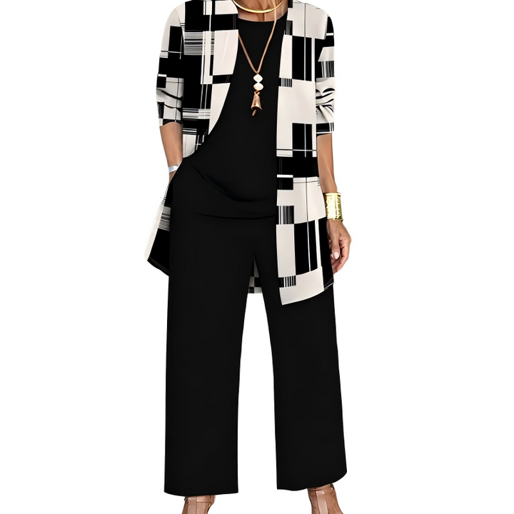 Outfit donna elegante-casual tre pezzi: cardigan lungo, top e pantaloni versatili. Dal giorno alla sera con stile.