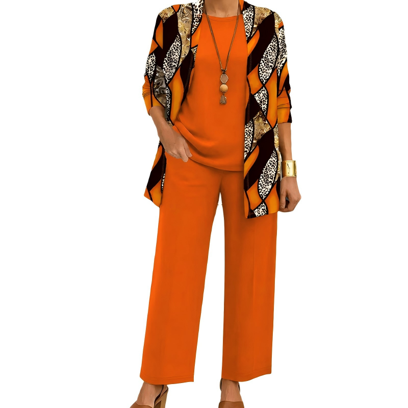 Completo primaverile donna tre pezzi con cardigan lungo stampato e pantaloni leggeri. Ideale per comfort.