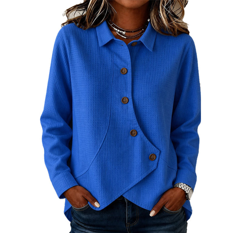 Top donna casual asimmetrico in tessuto waffle a maniche lunghe, perfetto per primavera e autunno.