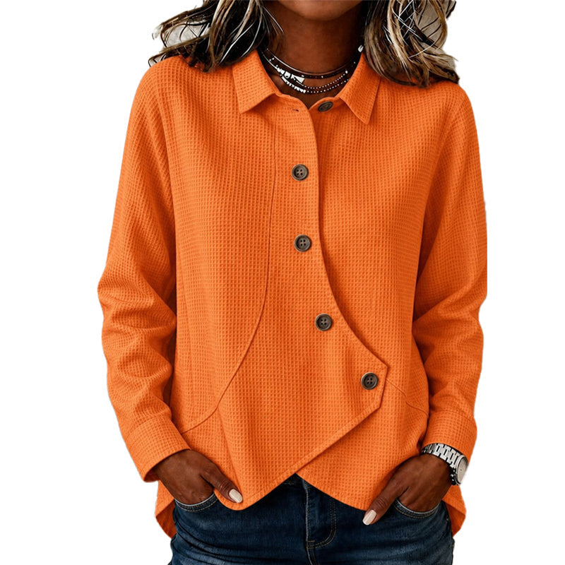Elegante top donna casual asimmetrico con maniche lunghe in tessuto waffle, comodo e di tendenza.