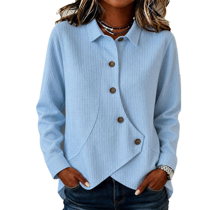 Abbigliamento donna versatile: top asimmetrico in maglia waffle a maniche lunghe per autunno/primavera.