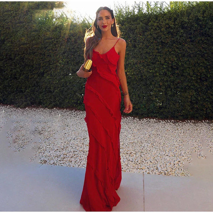 Vestito lungo cerimonia donna con balze, scollo a V ed eleganza per occasioni speciali e matrimoni.