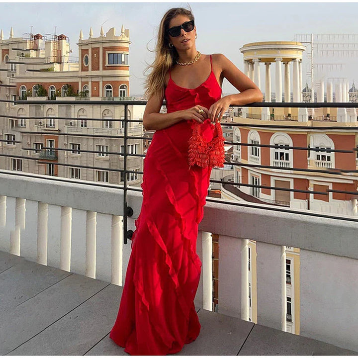 Vestito da festa lungo donna, elegante, con balze, scollo a V e design raffinato per occasioni uniche.