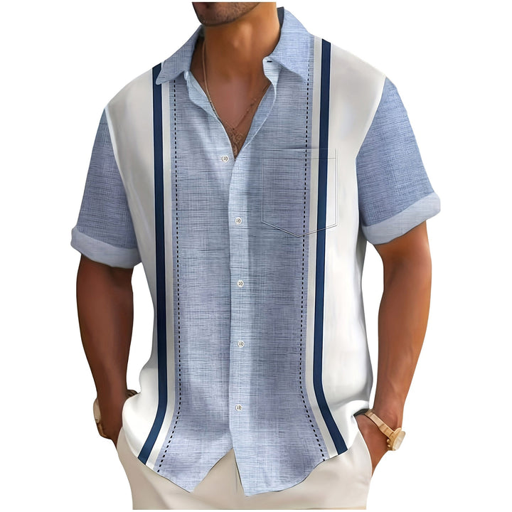 Camicia resort uomo estiva a righe con bottoni, vestibilità comoda, perfetta per vacanze e look casual.
