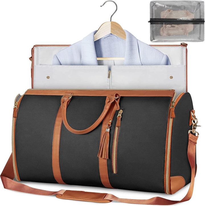 Dettaglio borsa porta abiti da viaggio pieghevole con manici ergonomici e cerniere robuste.