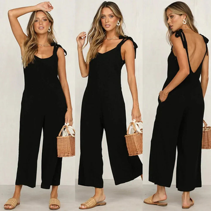 Tuta estiva midi da donna, chic senza maniche e scollo a V. Look casual elegante versatile per l'estate.