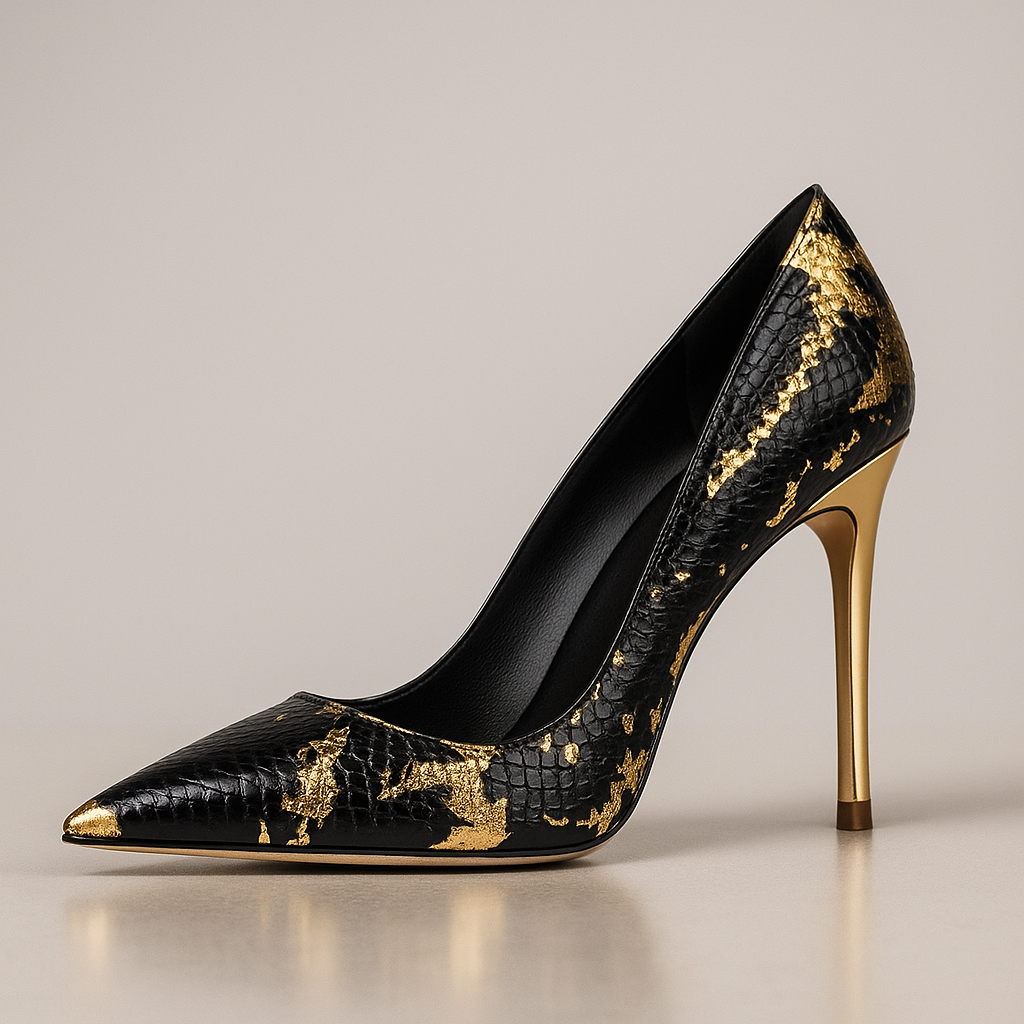 Décolleté donna glamour con tacco scultoreo dorato. Scarpe eleganti a punta sfilata, ideali per feste e serate.